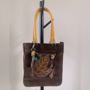 ONE OF A KIND of brown leather shoulder bag w/ light brown, yellow & green 🌸🍃